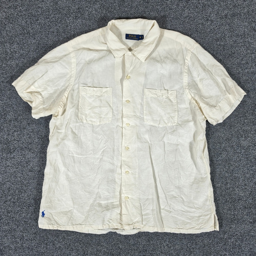 Polo Ralph Lauren Mens XL Linen Silk Short Sleeve Button Up Shirt Off White FLAW